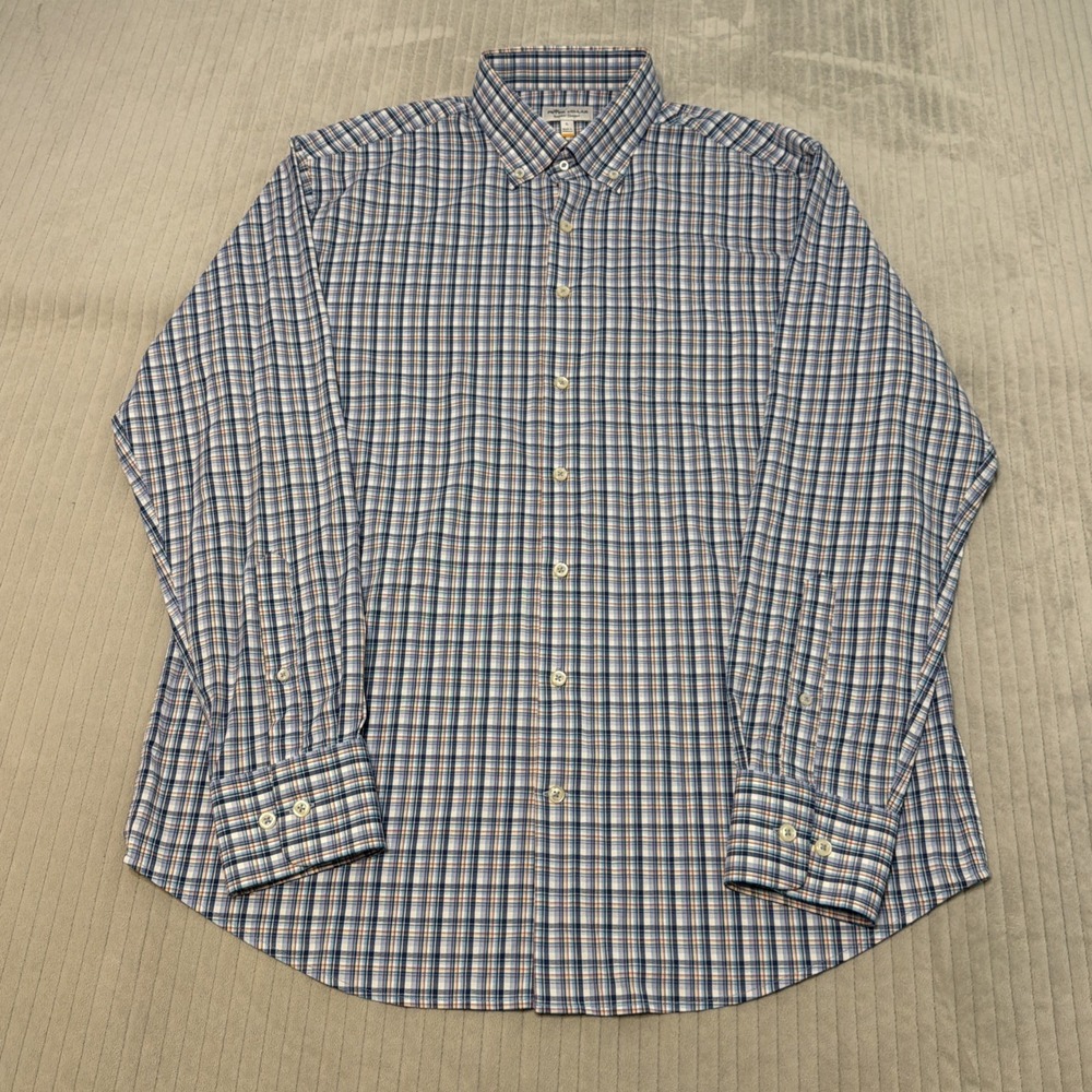 Peter Millar summer comfort button down L Blue Plaid Long Sleeve Shirt